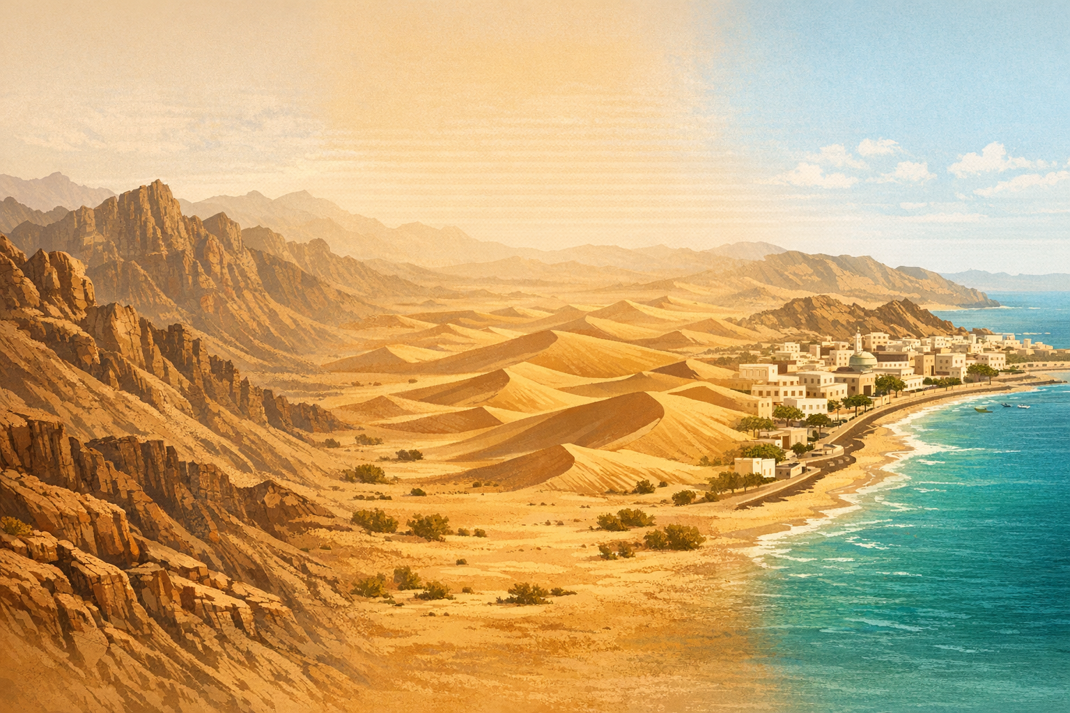 Oman's diverse geographic landscape showing mountains, desert and coast