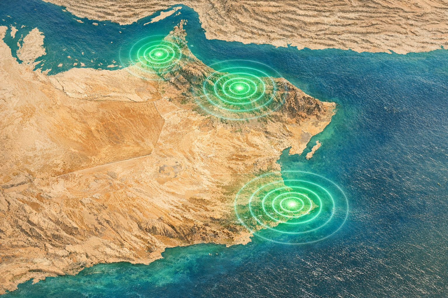 Aerial map of Oman showing network signal coverage zones